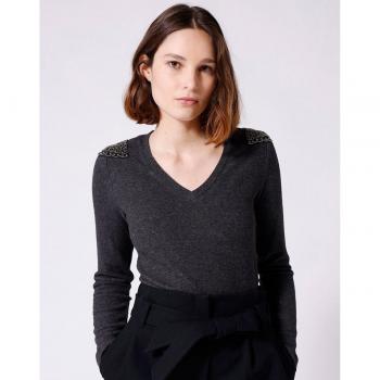 Camiseta de mujer Naf Naf lisa de manga larga con abalorios y cuello pico