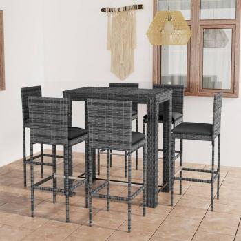 7-Piece Gray Poly Rattan Garden Bar Set with Cushions