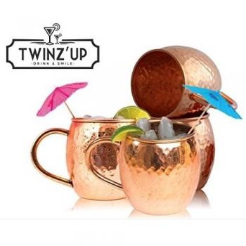 Taza de cobre sólido para coctel Moscow Mule - 4 Tazas Twinz'Up - Sin revestimiento - Jarra de cobre tipo amartillado - 45 cl. de capacidad - ¡Ideal para cualquier bebida fría! ¡Genial para recibir visitas y para el carrito de tu minibar! ¡Regalo de 