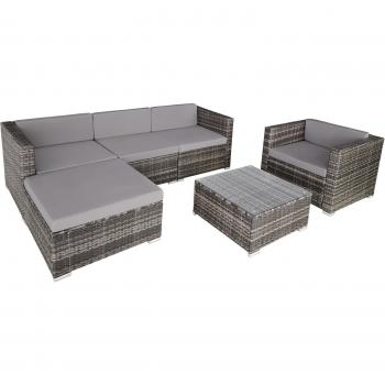 Conjunto de ratán Milano Tectake - Mueble de exterior de poli ratán con cojines mullidos (grosor aprox. 7 cm) y mesa con tablero de cristal, capacidad para 5 plazas, estructura de acero
