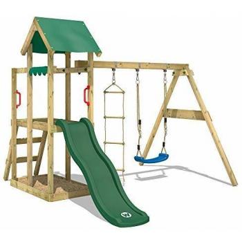 Parque infantil de madera TinyPlace con columpio, tobogán, torre de escalada, arenero y escalera para niños - verde