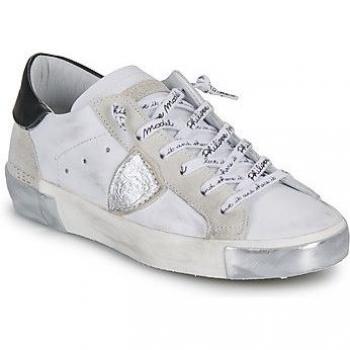Philippe Model Women's White and Silver Laminated Leather Low Top Sneakers with Glamour Inserts