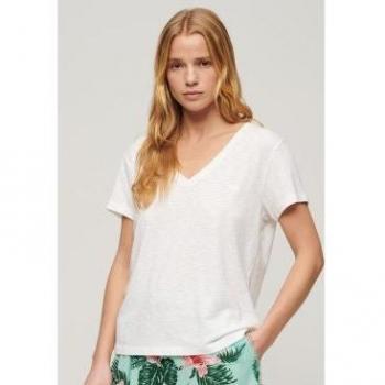Camiseta Superdry para mujer de cuello pico blanca con bordado