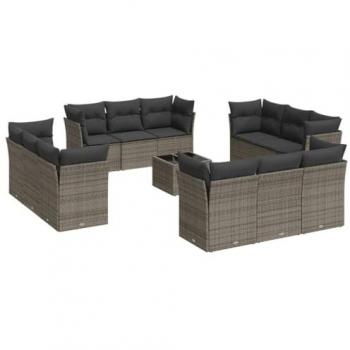 13-Piece Grey Poly Rattan Garden Sofa Set with Cushions