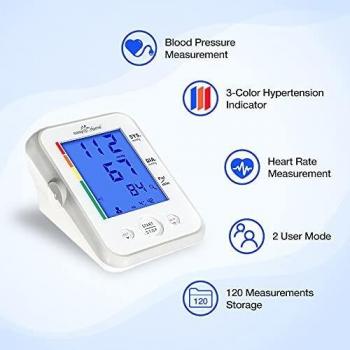 Easy@Home Tensiómetro de brazo digital-Monitor electrónico para medir la presión arterial en casa Con indicador de hipertensión en 3 colores Controlar pulso Pantalla LCD Modo para 2 Usuarios