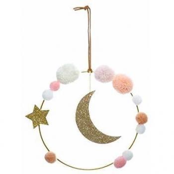 Decoración de Pared Infantil Luna con Detalles en Hierro y Pompones