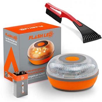Raspador de Hielo Ergonómico Rojo - Eliminación Fácil sin Rayar Vidrio + Luz de Emergencia V16 Homologada DGT con SIM y Servicio de Datos hasta 2038, Base Imantada, Resistente