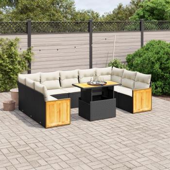 10-Piece Black Poly Rattan Garden Sofa Set with Cushions