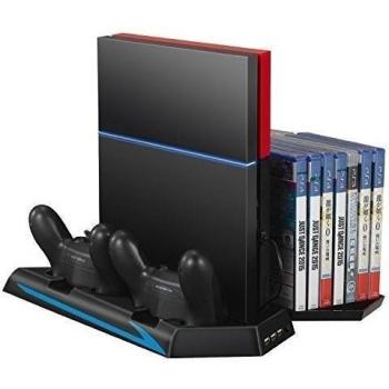 Ventilador de PS4, Rixow Soporte Vertical con Carga Emisora con dos Ventiladores Sinlenciosos de Refrigeración para Playstation 4, con 3 Puertos de USB y Cabe 14 Discos de Juego, Negro.