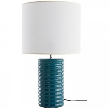 Lámpara de mesa de cerámica esmaltada azul petróleo con pantalla de color crudo berro