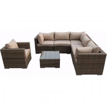 Rattan 7 Piece Modular Outdoor Garden Sofa Set with Gray Cushions and Ice Bucket Coffee Table