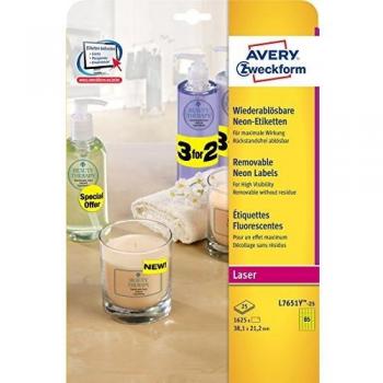 Etiquetas Neón Amarillas Avery Zweckform 38,1x21,2 mm, 25 Hojas, Autoadhesivas y Removibles