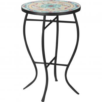 Outsunny Mesa Auxiliar de Jardín Redonda con Mosaico Turquesa y Patas de Metal para Patio, Terraza o Balcón, Dimensiones Ø35,5x53,5 cm