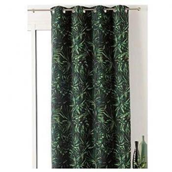 Cortina Intensa Verde 135 x 240 cm con Ojetes - Motivo de Hojas - Estilo Contemporáneo