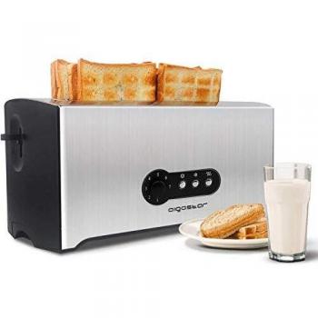 Aigostar Sunshine 30KDG - Tostadoras pan 4 rebanadas con 7 niveles de tostado, 1600 W, ranuras extra largas, Rejilla calientabollos integrada, función descongelación y recalentar, acero inoxidable.