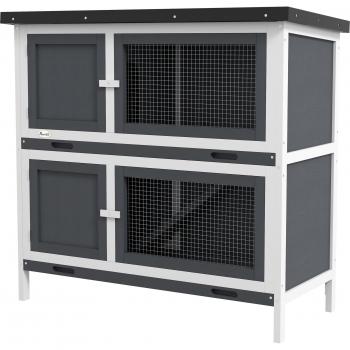 PawHut Conejera de Madera de 2 Pisos con Techo Asfáltico Bandejas Extraíbles y Rampa para 2 Conejos 97x44x91 cm Gris