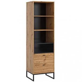 Estantería Providence J105, Aglomerado Laminado, Negro y Roble Artisan, 2 Cajones, Abierta, 202x60x40cm