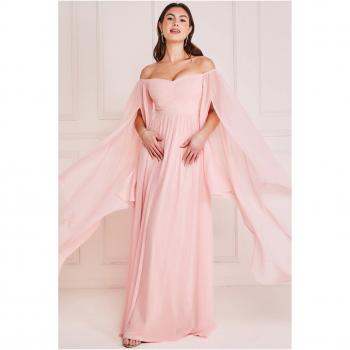 Goddiva Chiffon Off The Shoulder Maxi Dress with Cape Sleeves - Blush