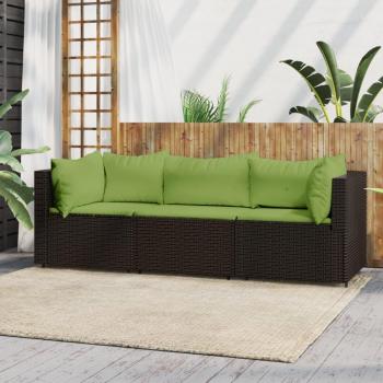 3-Piece Brown Poly Rattan Garden Lounge Set with Cushions