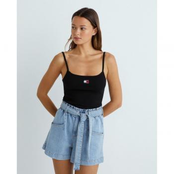 Camiseta de tirantes Tommy Jeans Badge Rib Strap Negro Mujer, fit slim