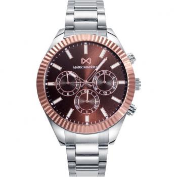 Mark Maddox - Reloj de hombre Shibuya multifunción con bisel de aluminio rosado, esfera marrón y brazalete de acero