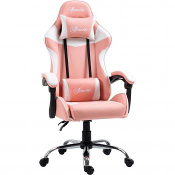 Vinsetto Silla Gaming Ergonómica de Escritorio Racing Reclinable 135° con Altura Ajustable, Reposacabezas y Cojín Lumbar Giratoria 63x67x122-130 cm Rosa