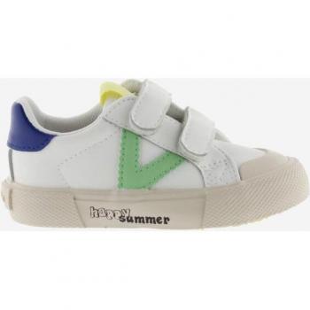 Zapatillas deportivas de niños Victoria Tribu en piel blanca y verde con piezas en contraste y doble cierre adherente