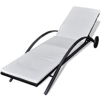 Black Poly Rattan Sun Lounger with Cushion and Wheels