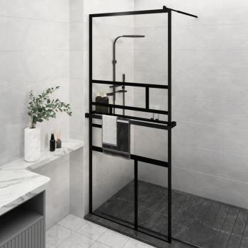 Mampara de ducha con estante de vidrio ESG y aluminio negro 90x195 cm, Modelo Patrón 1 y Patrón 2, con 2 barras horizontales