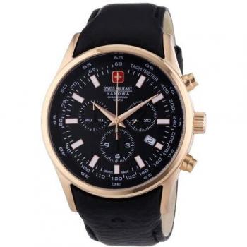 Reloj Hombre Swiss Military Hanowa SM06-4156.09.007 Negro, cronógrafo, resistencia al agua hasta 100 metros, caja de acero inoxidable, correa de cuero negra, esfera negra con detalles plateados y función