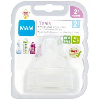 MAM Lote de 2 Tétines Anatomiques en Silicone 2+ mois Débit 2 Moyen, tétine plate et ultra-douce pour bébé, Instrucciones en Lengua Extranjera