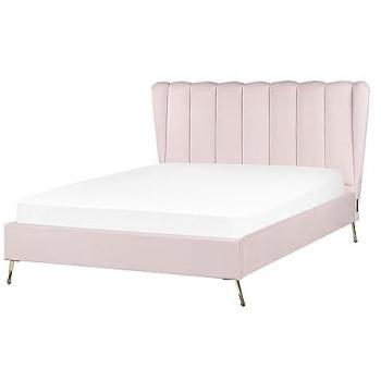 Cama Doble con Cabecero de Terciopelo Rosa, Estructura Metálica Dorada y Puerto USB, 140 x 200 cm