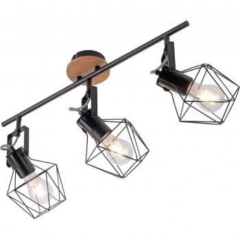 Lámpara de techo industrial negro/madera 3 luces