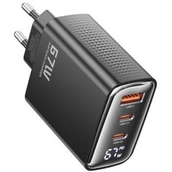Cargador USB GaN 67W con Pantalla Digital, Carga Rápida QC4.0, 2x USB-C y 1x USB-A, Compatible con iPhone, Samsung, Xiaomi y Laptops