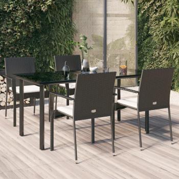 5-Piece Black Poly Rattan Garden Dining Set with Cushions