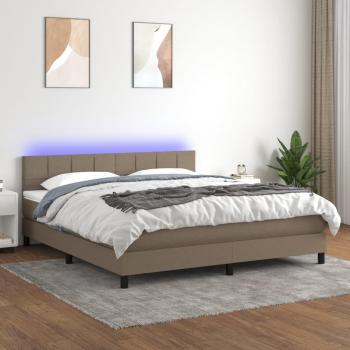 Cama box spring con colchón y luces LED tela gris taupe 180x200 cm