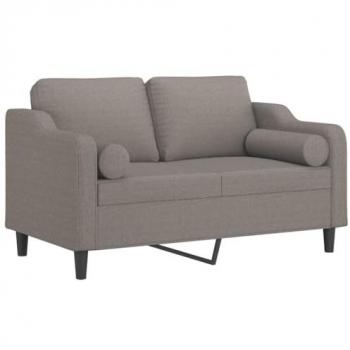 Sofá de 2 plazas con cojines, tapizado en tela gris taupe, dimensiones 120 cm, incluye respaldo y reposabrazos, ideal para salón o televisión