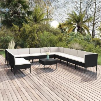 12-Piece Black Poly Rattan Garden Lounge Set with Cushions