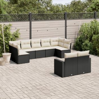 9-Piece Black Poly Rattan Garden Sofa Set with Cushions