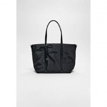 Black Fabric Shopper Bag with Bow - One Size