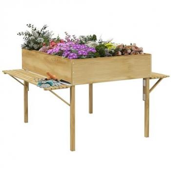 Outsunny Mesa de Cultivo de Madera Huerto Urbano Elevado 122x91,5x89 cm con 2 Estantes Plegables Tela no Tejida para Cultivo Plantas Flores Verduras Natural