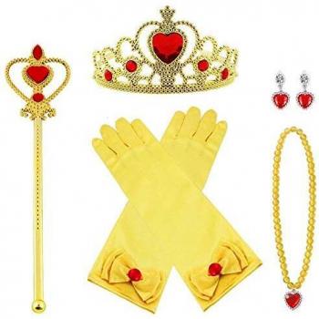 Vicloon Princesa Vestir Accesorios, 7 Pcs Amarillo Elsa Princesa Accesorios de Disfraces, Regalo Conjunto de Belleza - Corona Anillo Sceptre Collar Pendientes Guantes para Niña
