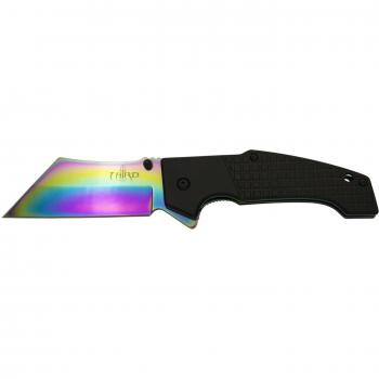 Navaja asistida Third K1929 con mango de aluminio negro y hoja de acero 420 bañada en titanio rainbow brillante