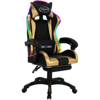 Sillón giratorio para ordenador oficina y estudio de videojuegos con LED RGB dorado y simil piel dorada 020024204