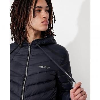 Armani Exchange Men's Blue Hooded Down Jacket with Zipper Pockets