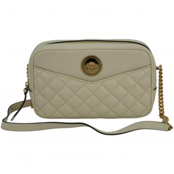 Versace White Quilted Lamb Leather Medium Camera Shoulder Bag with Chain