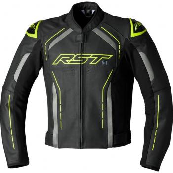 RST S1 Chaqueta de Moto de Cuero Negra con Detalles Amarillos y Grises, Talla 40, Diseño Fluorescente