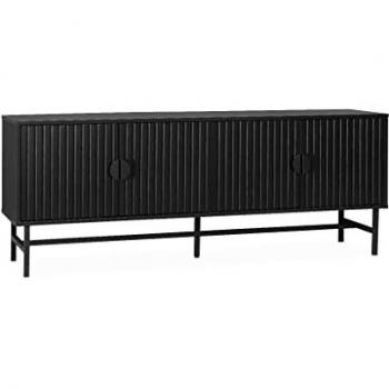 Mueble de TV con efecto madera estriada negra, 160 cm, Bazalt, dimensiones 157.5 x 39 x 60 cm, cuatro puertas y dos estantes