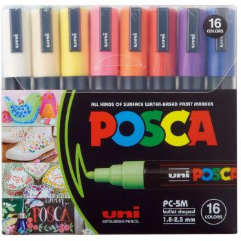 UNI-BALL Posca PC-5M Medium Bullet Paint Marker Set - 16 Assorted Colors (1.8-2.5mm)
