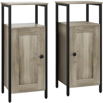 HOMCOM Juego de 2 Mesas Auxiliares para Salón Industrial con Puerta Magnética y Estante Ajustable, Dimensiones: 34x30x80 cm, Color Marrón Grisáceo